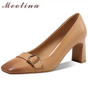Meotina Women Shoes Natural Genuine Leather High Heels Buckle Thick Heel Pumps Square Toe Shoes Office Ladies Footwear Brown 42 210608