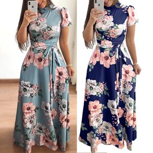 Plus size women's summer long super long dress 2020 casual long sleeve flower print dress casual high collar bandage Vestidos X0521