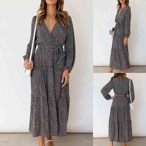 Женщины шифон Maxi платье с длинным рукавом Deep View Vintage Wrap платье многоуровневые эластичные талии потоки длинное платье лето Vestidos Y1204