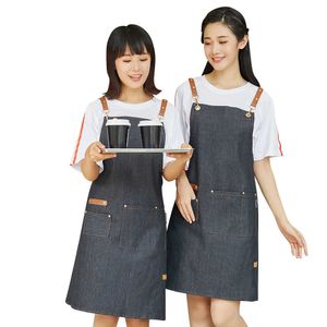 レザーショルダーストラップキャンバスエプロン女性カフェワークキッチンエプロンピッツェリアベーカリーバーバーエプロン男性カスタム210622