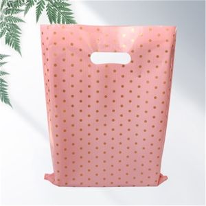 50 stücke 25x35 cm Rosa Gold Dot Kunststoffgriff Taschen Weihnachtsgeschenk Kleidung Verpackung Kunststoff Geschenktüte mit Griffen Einkaufstasche 210724