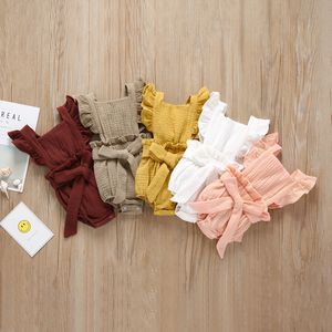 Baby Girls Solid Rompers Bomull Flying Sleeve Single Breasted Strap Ruffle Jumpsuit Kids Onesies Girls Outfits 0-3T 04 29 Y2