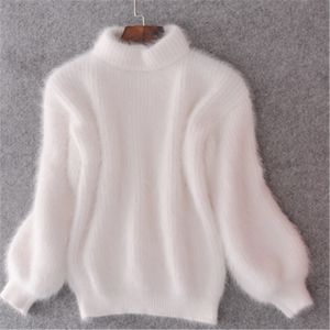 Kvinnors tröjor vita mohair förtjockar turtleneck tröja hösten vinter söt mode lykta ärm avslappnad fast färg pullover pull femme