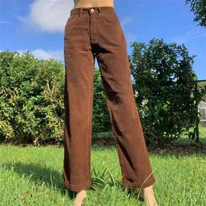 Waatfaak Pantaloni larghi a gamba larga marrone Pantaloni coreani in velluto a coste Y2K Tasca a vita alta Cargo Donna Pantaloni casual Harajuku Estetica 210708