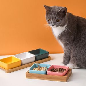 Gato tigelas alimentadores home fontes ceramics cão tigela prato com madeira de bambu sem derramamento animal de estimação alimento água filhote de cachorro alimentando molho de cozinha lanche ho