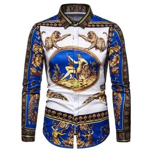 Plus Storlek 6xl Barock Royal Shirt Men Långärmad Fyra Säsong Party Club Slim Vintage Gold Blue Bankett Chemise Homme 210626