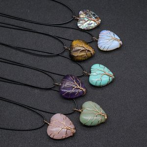 Wholesale copper jewelry womens resale online - Natural Stone Heart Charms Necklaces Copper Twine Tree of life Wire Wrap Pendant Turquoise Amethyst Tiger Eye Rose Quartz Jewelry for Women