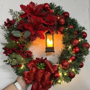 Dekoracyjne kwiaty wieńce 40cm Układ wieniec Christmas ornament świerk 2022 z LED Light Drzwi Frontowe Home Party Wiszące Garland