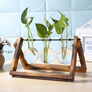 Vetro e vaso di legno vaso piantatore tavola terrarium desktop idroponica pianta bonsai vaso di fiori pentole appeso con vassoio in legno decorazioni per la casa 210615