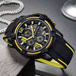 Megir Orologio da uomo al quarzo con cinturino in silicone nero Cronografo Orologio da polso sportivo per uomo 3atm Lancette luminose impermeabili 2097 Giallo 210804