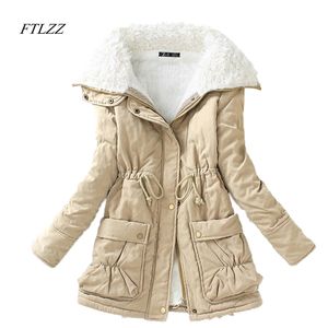 FTLZZ Winter Parkas Women Slim Cotton Coat Thickness Overcoat Medium-long Plus Size Casual Wadded Snow Outwear 211018