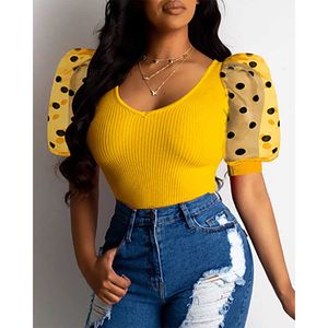 Sommer Damen Frauen Vintage Sexy Kurzarm Low Cut Rib Polka Dot Puff Sleeve Skinny Club Mode T Shirts Tops 210527