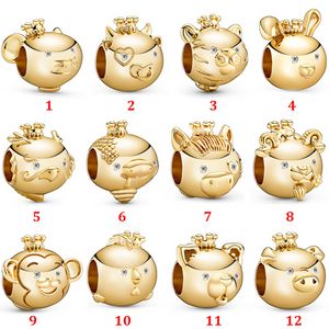 Autentiska 925 Silver Beads Armband Gul Guld December Zodiac Series Animal String Charm Slide Bead Charms Passar European Pandora Style Smycken Armband Murano