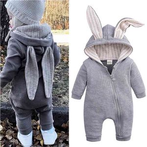 Roupa de bebê rastejando o terno do bebê onesies nascidos dos desenhos animados grandes orelhas de coelho grande zíper jumpsuit casaco de algodão fora romper 210816