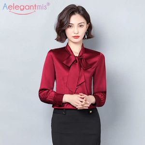 AELEGANTMIS Spring Wysokiej Jakości Satynowe Biuro Lady Bluzka Kobiety Bow Collar Loose Szyfonowe Bluzki Panie Slim Casual Shirts Topy 210607