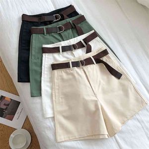 Obrix hög elastisk midja kvinnlig safari stil brett ben casual koreanska mode shorts med kanfas bälte för kvinnor 210719