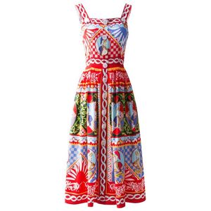 Women's Runway Dresses Spaghetti Straps Printed Ruffles Buttons Detailing Hidden Zipper Elegant Autumn Dress Vestidos