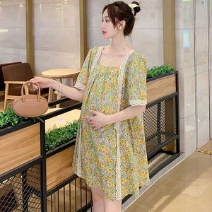 7077# Summer Chic Ins Floral Printed Chiffon Maternity Dress Large Size Loose Clothes for Pregnant Women Love Hot Pregnancy
