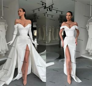 Modest Mermaid Wedding Dresses With Detachable Skirt Off The Shoulder crepe Satin beach Wedding Dress vestido de noiva