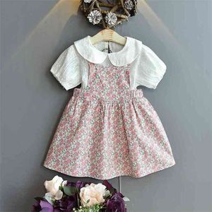 Gooporson Fashion Korean Little Girls Kläder Ställ Broderi Kortärmad Shirtflower Suspender Kjol Söt Barnkläder 210715