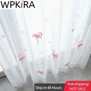 Estilo nórdico flamingos rosa cortina de voile bordado para crianças sala menina sala de estar crianças cortina de tule branco 210712