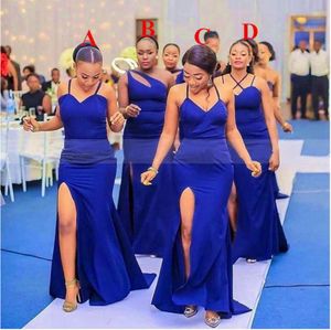 2022 African Mermaid Royal Blue Bridesmaid Dresses Hot Halter Side Split för Wedding Beach Garden Plus Size Party Prom Crows under 100
