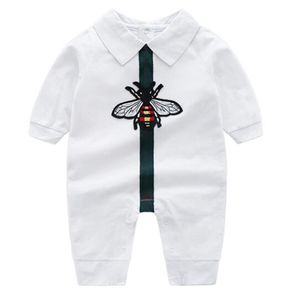 Design nyfödd baby pojke tjej romper liten bi vit mörkblå bomull jumpsuits lapels långärmad spädbarns småbarnskläder