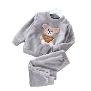 Jesień Zima Odzież dziecięca Kreskówki Niedźwiedź Baby Boy Girl Soft Jacket Top Long Pant Sets Grube Ciepłe Flanel Fleece Kids Suit 211021