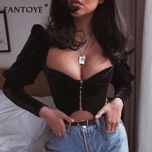 Fantoye Sexy Deep V-neck Black Flannel Crop top Women Elegant Bubble Sleeve Skinny Bodycon Bandage Tees Tank Top Corset Clubwear 210308