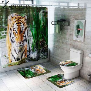 Tiger Printed Bathroom Carpet Set Bath Mat and Shower Curtain Set Toilet Shower Room Floor Rugs Toilet Bathroom Foot Pad 211109