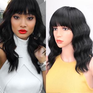 Synthetic Wigs 14Inch Short Black Wavy With Bangs For Black/White Women American Heat Resistant Fiber