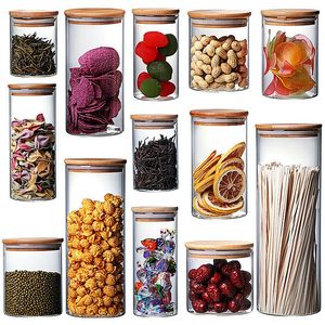 Glass Jars with Natural Bamboo Lids for Home Kitchen Tea, Flour, Cookie, Candy & Spices - Small Food Storage Airtight Canister Sets Pantry Organization