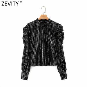 Zevity Women Fashion Stand Collar Sequined Casual Velvet Smock Blouse Lady Pleated Puff Sleeve Blusas Female Shirts Tops LS7571 210603