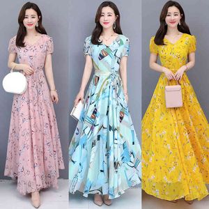 BOHO服韓国の女性のための韓国のドレス2021ファッションシフォン半袖ホリデービーチビンテージ花柄ロングドレス黄色のエレガントx0521