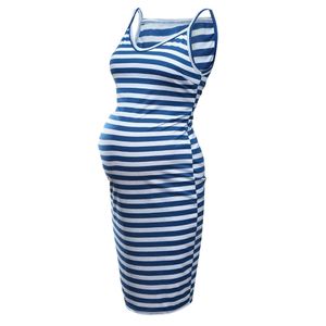 2021 Elegant Maternity Klänningar för Kvinnor Ärmlös Striped V-Neck Amning Breading Kläder Sundress Graviditet Klänning Q0713