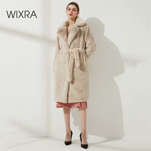 Wixra 숙녀 가짜 가죽 롱 코트 Femme Pockets 부드러운 밍크 모피 여성 트렌디 한 스트리트 스타일 느슨한 짧은 톱니 겨울 211007