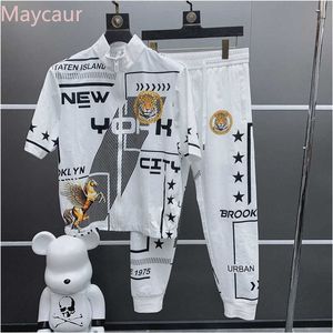 Dois peça definir novo gelo seda terno masculino estilo coreano esportes casuais t-shirt masculino + calças musentes tracksuits 2021 x0909