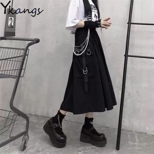 High Waist Loose A-line Cargo Skiets chain Side Ring Pocket Midi Long Black Skirt Korean Hip Hop Streetwear Harajuku OverSize 210730