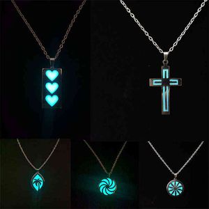 Stainless Steel Luminous Necklace Glowing In The Dark Heart Cross Pendant Punk Necklace Fashion Jewelry Gifts For Men Women G1206