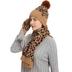 M334 New Autumn Winter Women Knitted Hat Warm Beanie Caps Leopard Scarf Gloves 3pcs/set