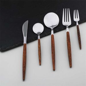5/25PCS 304 Dinnerware Set Stainless Wooden Tableware Silverware Glossy Knife Fork Flatware Dishwasher Luxury Magic Cutleries 211108