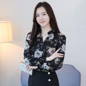 Frühling Herbst Damen Langarm-Chiffon-Hemd Mode Koreanische Wilde Große Größe V-Ausschnitt Bedruckte Bodenbildung Tops GD489 210506