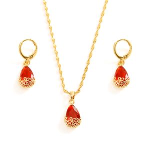 Water Drop Pendant Necklace Stud Earrings Woman 18K Yellow Gold Filled Womens Jewellery Red Crystal Set