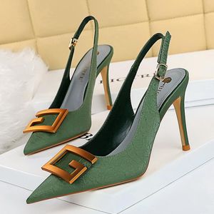 Klänningskor 2021 Kvinnor 9,5cm Högklackat Slingback Sandaler Scarpins Office Ladies Green Beige Party Bridal Stor Storlek