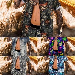 Mode blommig utskrift lösa kostymer manliga 2021 sommar casual två stycken set män laple shirt och shorts outfit mens kläder streetwear x0610
