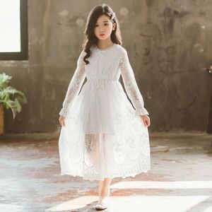 Abiti da ragazza Elegante abito in pizzo bianco con fiori per matrimonio Manica lunga Una linea Ragazze Principessa Festa Comunione Spettacolo Vestidos Età 8 10 12 14