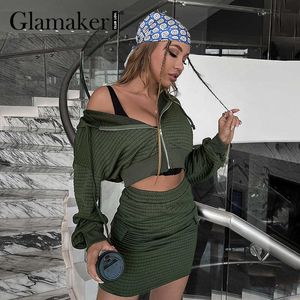 Glamaker 녹색 캐주얼 스웨트 셔츠 후드 티 트랙스 여성 자켓 코트와 스커트 세련된 정장 패션 가을 Sportwear 세트 211119