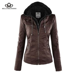 Bella Moto Jacket women Zipper coat Turn Down Collor Ladies Outerwear faux leather PU female Jacket Coat 211204
