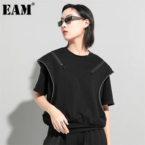 [EAM]女性ブラックジッパーオフショルダービッグサイズTシャツラウンドネックファッションスプリングサマー1DD57710 210623