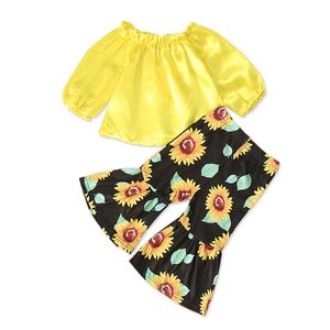 Çocuklar Giyim Kız Kıyafetler Çocuk Straplez Omuz Tops + Ayçiçeği Flare Pantolon 2 adet / takım Bahar Sonbahar Bebek Giyim Setleri C1407 49 Y2